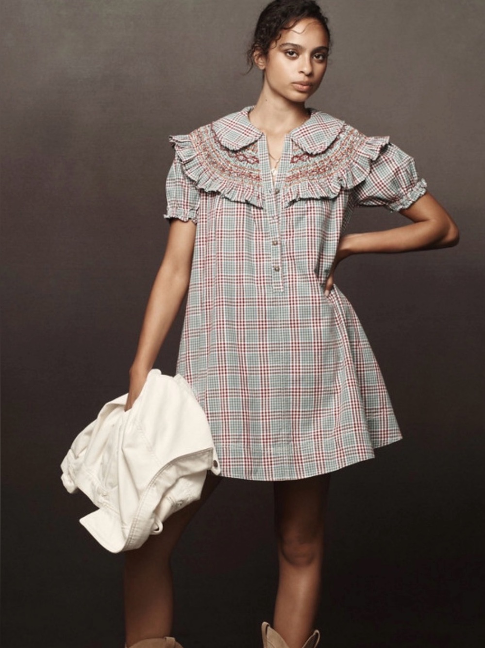 NWT Anthropologie Short-Sleeve V-Neck Smocked Babydoll Mini Dress